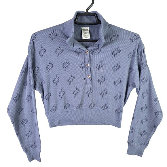 Womens Victorias Secret Pink Sleepwear Blue Crop Top Waffle Knit Long Sleeve XS - Picture 1 of 7